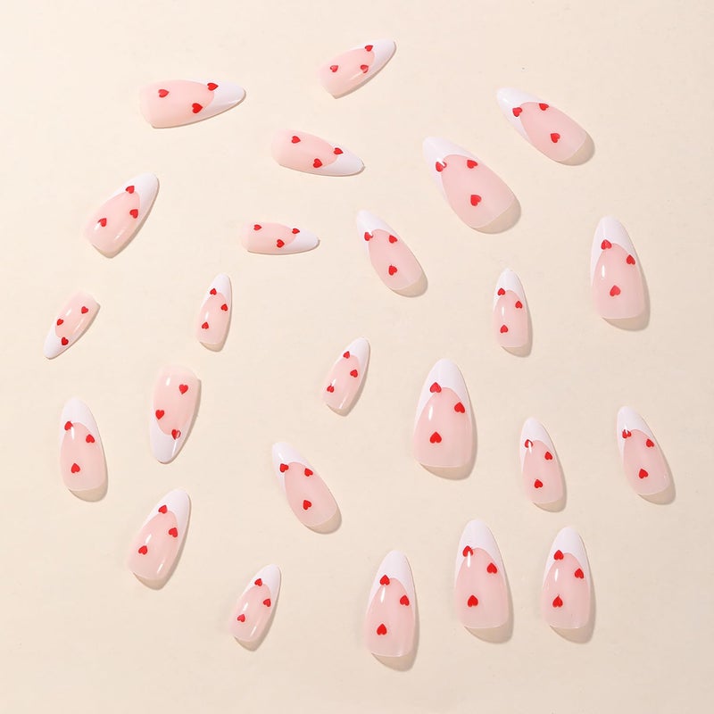 GRITOSE 24 Pcs Nude Valentines Press on Nails Almond Medium Fake Nails Full Cover French Tip False Nails Valentines Heart Nails Holiday Glue on Nail Artificial Reusable Stick on Nail for Women - Image 3